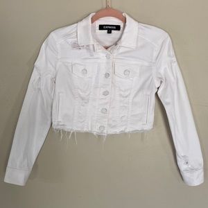 Express White Distressed Cropped Denim Jacket - XXS Petite
